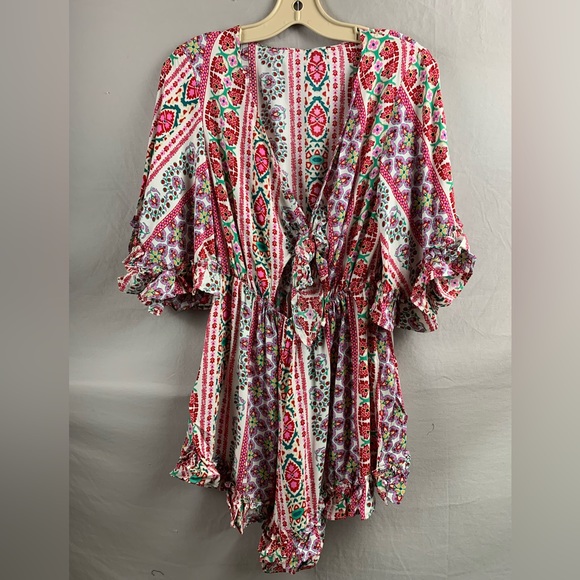 Boho Flounce Sleeve Tie Front Floral Romper - Picture 7 of 7